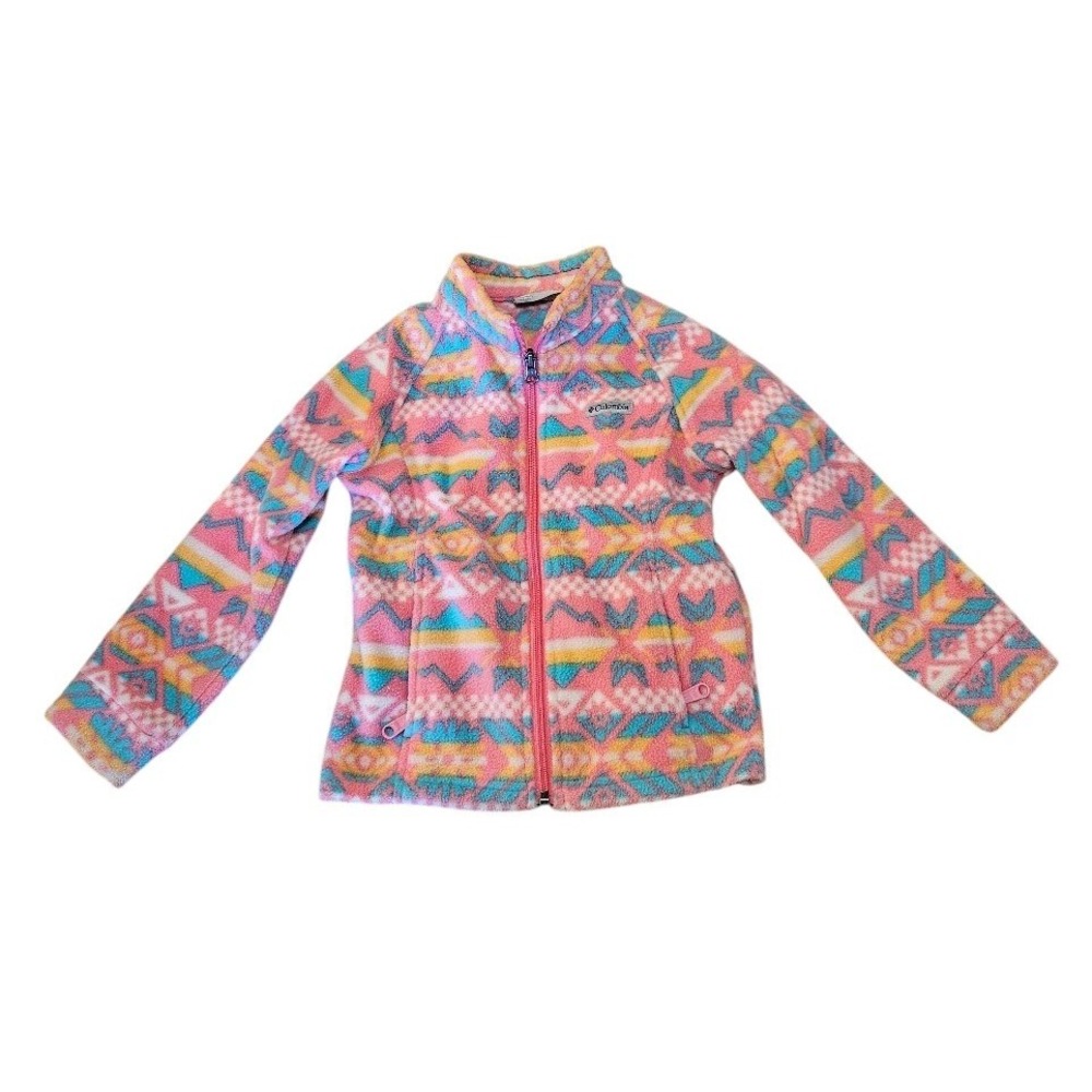 Columbia Girls 4T Fleece Jacket Pink Blue Aztec Print Striped Full Zip